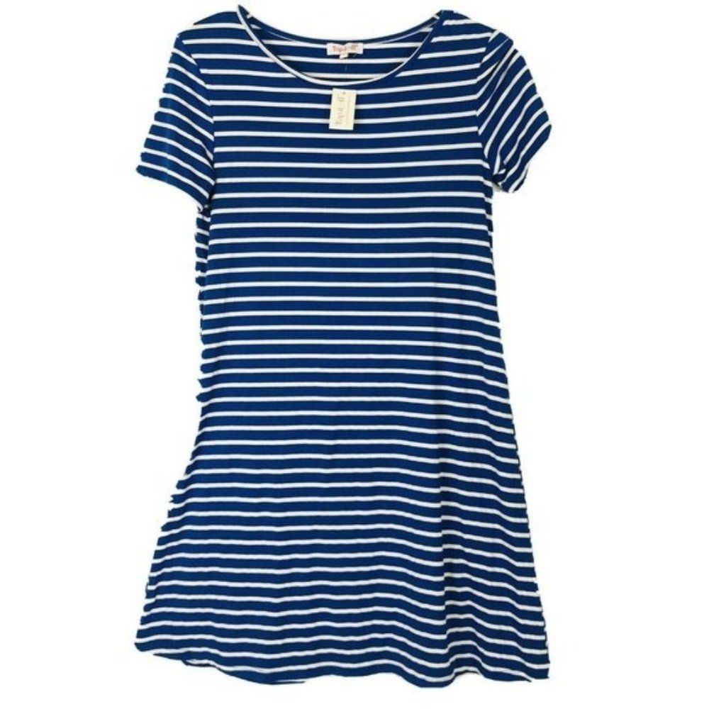 Top It Off Womens Blue White Striped Mini Dress S